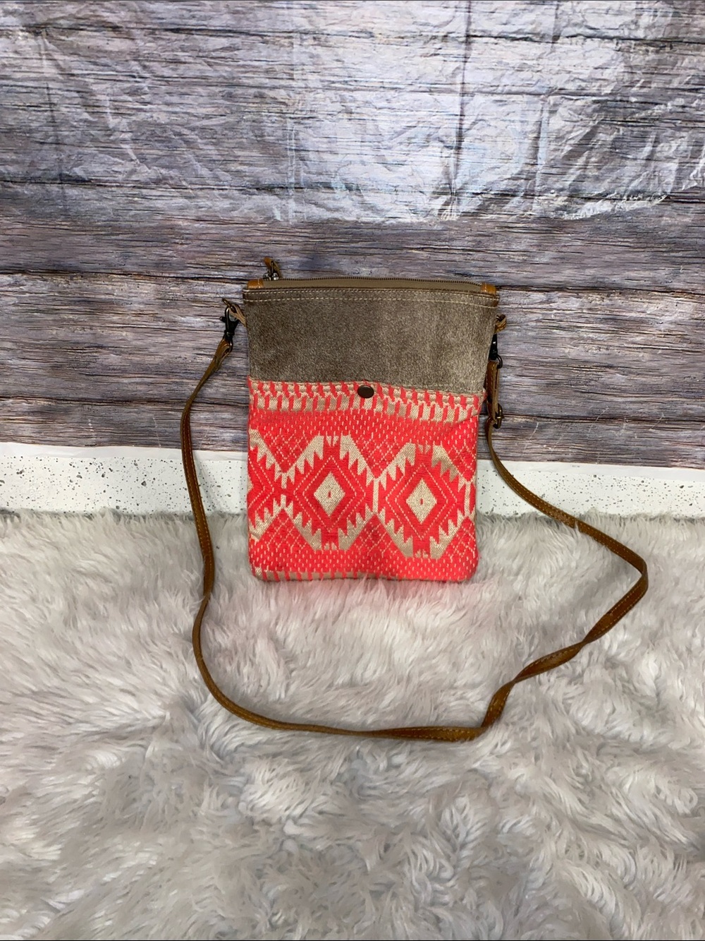 Myra Aztec Print Crossbody Bag With Cowhide
